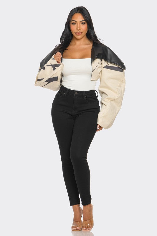 Two-Tone Puff Sleeve Bomber Jacket